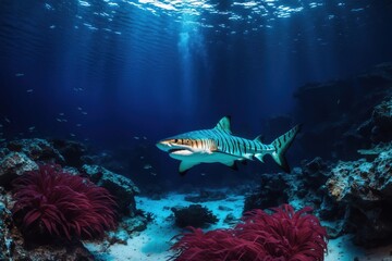 Fototapeta premium A vibrant underwater scene showcasing a shark swimming gracefully among colorful coral and sea anemones, illuminated by sunlight