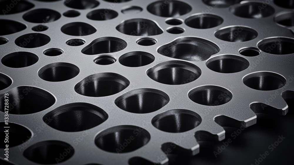 Poster a close-up view of a metal plate with numerous circular holes, arranged in a grid-like pattern.