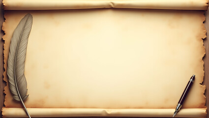 Scroll and quill pen border frame with copy space for World Philosophy Day script writing concept as Scroll paired with a quill pen forming a border with copy space for World Philosophy Day script wri