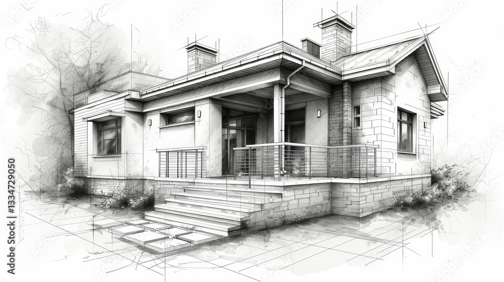 Poster modern family home with open concept and sharp inking lines featuring photorealistic lighting and hi