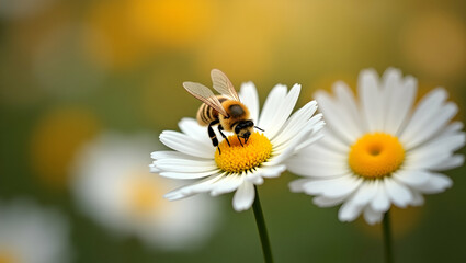 Fototapeta premium Stunning Autumn Garden: Bee Collecting Nectar from White Chrysanthemum Flowers - A Beautiful Display of Pollination and Nature's Splendor in Stock Photography