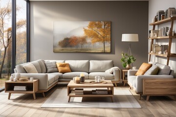 Living Room. Cozy Living Room Interior. Comfortable and Stylish Design with Soft Furnishings and Relaxing Ambiance, Home Decor Concept with Copy Space. Real Estate Concept. Hotel Concept