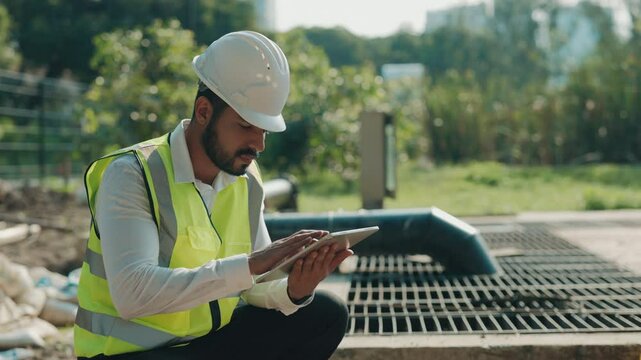 Portrait of thoughtful inspector with tablet at waste water treatment plant on sunny day. Bearded engineer with digital device checks utilities at sewer purification station
