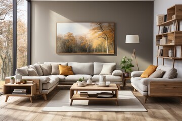 Living Room. Cozy Living Room Interior. Comfortable and Stylish Design with Soft Furnishings and Relaxing Ambiance, Home Decor Concept with Copy Space. Real Estate Concept. Hotel Concept