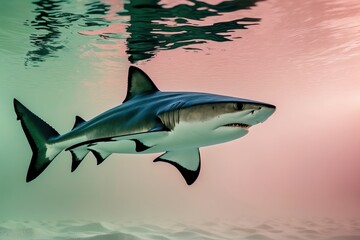 Fototapeta premium A sleek shark gliding through the water with a serene backdrop of soft pink and green hues, showcasing its powerful presence and beauty
