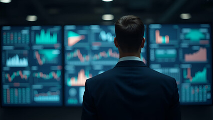 Fototapeta premium Confident Businessman Standing Before Stock Market Screens: AI-Generated Image Showcasing Financial Expertise and Trading Skills with Space for Customization