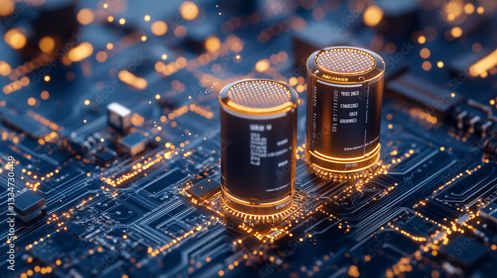 Aufkleber digital circuitry: two cylindrical microchips with intricate circuitry and an abstract orange glow, 