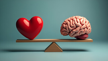 Flat Heart and brain balanced on scales symbolizing the conflict between emotion and logic in decision making concept as Heart and brain on scales representing the balance between emotion and logic in