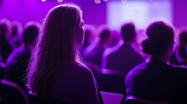 Engaged audience attending a seminar or conference, bathed in violet hues, attentively watching the presentation on a screen, professional development