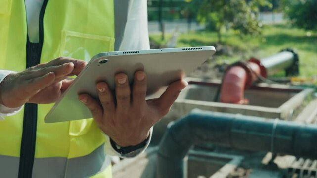 Engineer in safety vest inputs information on tablet at waste water treatment facility closeup. Technician analyzes digital data of sewer filtration station standing against pipes