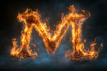 The letter "M" ablaze with fire, standing out against a dark background, intense flames illuminating its bold shape.