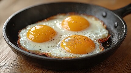 Freshly Cooked Sunny Side Up Eggs in a Cast Iron Skillet on a Wooden Surface