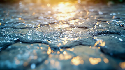 Close-up of rippling water surface reflecting golden sunlight