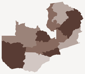 Fototapeta premium Map of Zambia with regions. Just a simple country border map with region division. Brown color palette. Blank Republic of Zambia shape with administrative division. Vector illustration.