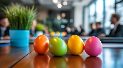 A boardroom meeting with executives discussing customer engagement strategies, colorful Easter eggs subtly placed on the table