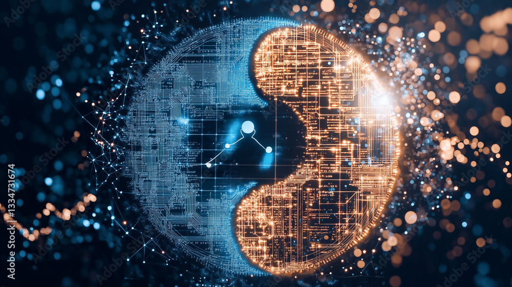 Poster data symphony: a digital artistry composition merges a glowing yin-yang symbol with intricate data v