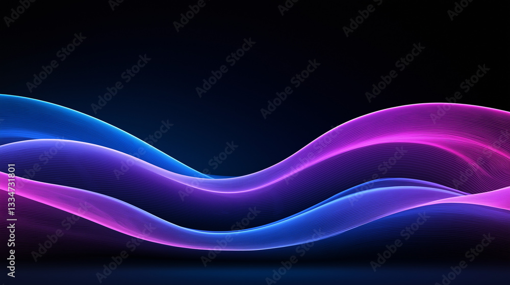 Poster fluid wave of color: abstract neon waves cascade across a dark background, creating a sense of movem