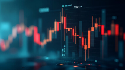 Stock market bear market. Downward trend charts on the investment platform. Double exposure of the bear and candles on the chart. concept as Stock market bear market with downward trend charts on inve