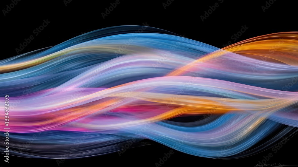 Poster a digital art piece featuring abstract wave patterns in various colors.
