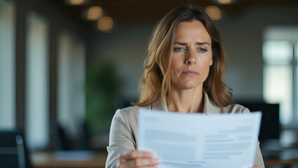 Worried mature professional business woman reading bad news in document at work tired upset busy 40s middle aged businesswoman feeling stress looking at paper bill having problem in office. concept as