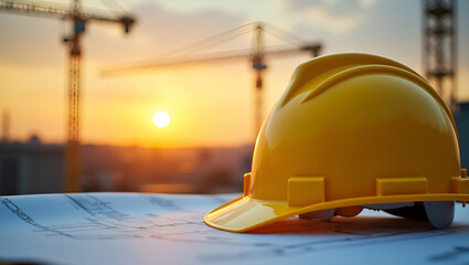 Flat Yellow hard hat rests on blueprints with construction crane and sunset in background symbolizing safety and progress in construction. concept as Yellow hard hat rests on blueprints with construct