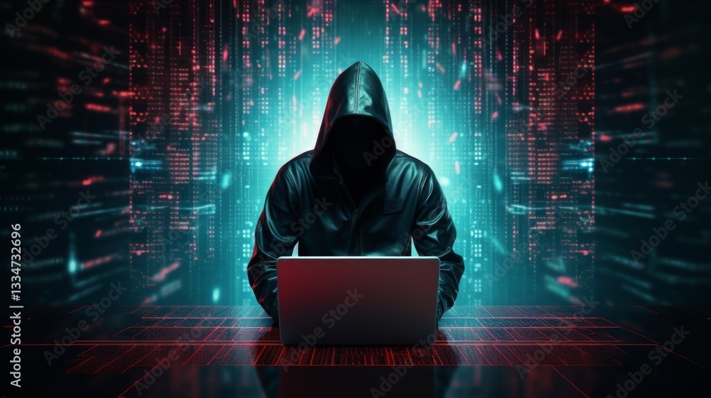 Poster enigmatic hooded figure immersed in cyberspace, manipulating data streams on a laptop amidst a vibra