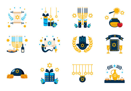 Blue and Yellow Hanukkah Celebration Icons Set