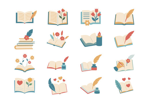 Blue Poetic Literature Open Book Icons Set