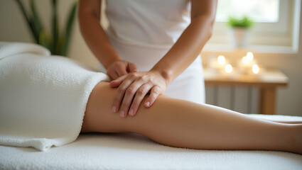 Fototapeta premium Relaxation and Wellness: Close-Up of a Massage Therapist Massaging a Female Leg in a Serene Spa Salon - Therapeutic Treatments Illustrated in a Cute Vector Style