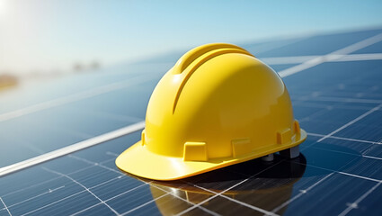 Yellow Safety Helmet on Solar Cell Panels: Emphasizing Safety in Renewable Energy - Stock Photo Concept with Empty Space for Customization