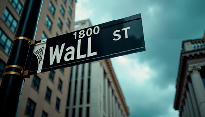 Wall Street sign against buildings overcast sky