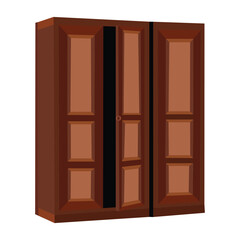 Realistic wooden wardrobe vector illustration with brown panel doors and classic design