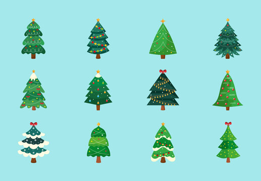 Colorful Festive Christmas Holiday Tree Icons Set