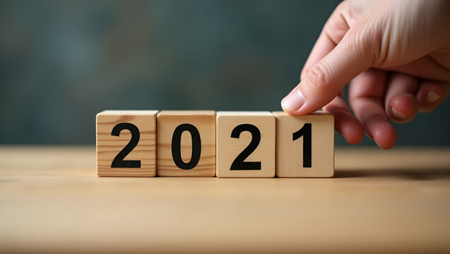 Flat Vector Illustration: Hand Placing Wooden Cubes on Progress Bar Symbolizing Transition from 2020 to 2021 - Embrace New Beginnings in Business