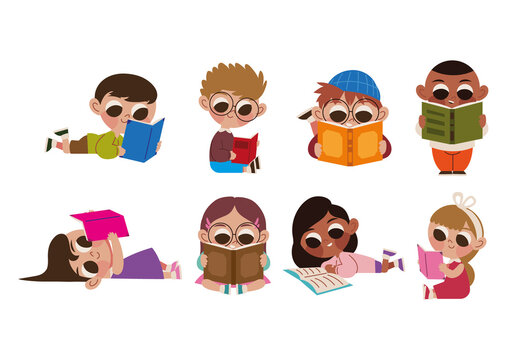 Colorful Cute Kids Reading Illustration Design Set