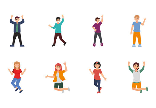 Red And Blue Happy Kids Joyful Character Emotions Illustrations Set