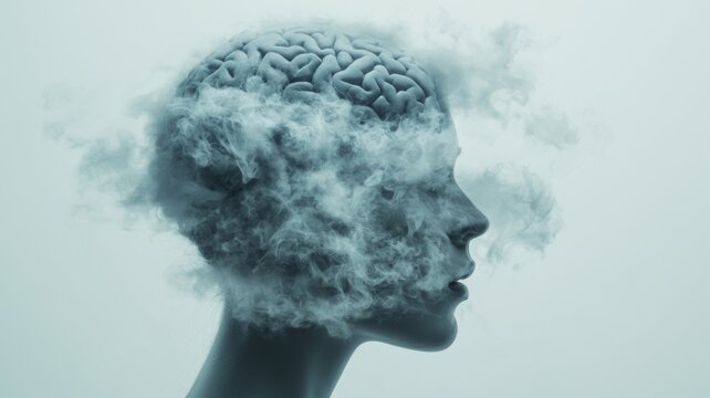 Abstract visualization of brain fog, featuring a human head silhouette with a clouded brain, symbolizing challenges in thought, focus, and mental clarity.