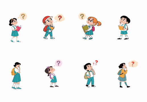 Red And Yellow Kids Confused School Student Thinking Illustrations Set