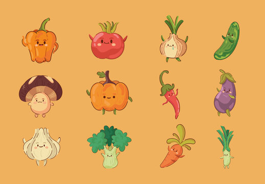Colorful Vegetables Cute Kawaii Illustration Set