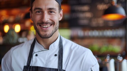 Fototapeta premium Enthusiastic male chef in uniform radiates joy, creating a welcoming atmosphere for culinary excellence and authentic hospitality within his restaurant