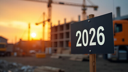 Obraz premium Construction Site Sign Displaying 2026: Symbolizing Future Developments Against a Stunning Sunset Backdrop - Photo Stock Concept with Empty Space for Customization