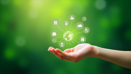 Hand Holding Environment Icons Connected Through Network on Green Background: A Conceptual Image Representing Technology, Environmental Protection, and Renewable Sustainable Energy Sources