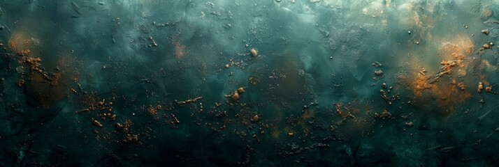 Ethereal abstract artwork with shades of teal and deep green, creating an oceanic impression, enhanced with flecks of glittering gold accents for luxurious visual texture