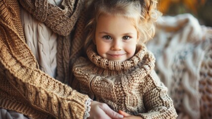 Mother and Little Girl Wearing Knitted Sweaters Holding Hands at Home Closeup