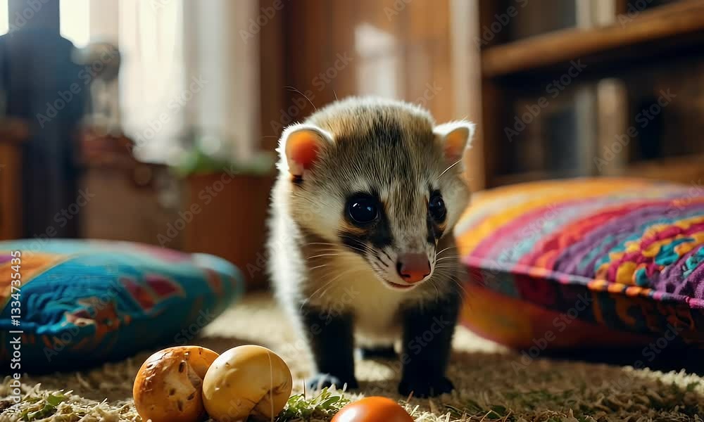 Poster a playful ferret exploring colorful cushions and small objects on a cozy carpet.