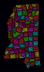 Mississippi Word Cloud. Bright neon style design on a dark background. Region names text cloud in the boundary shape with administrative division. Artistic vector illustration.
