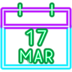 Calendar 17 March Neon Sign Icon. Vector Illustration of Happy Saint Patrick's Day. Clover Leaf Lucky Irish Holiday.