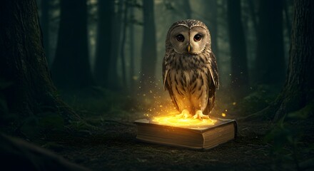 Guardian of Wisdom: Owl Perched on an Enchanted Book in a Dark Forest