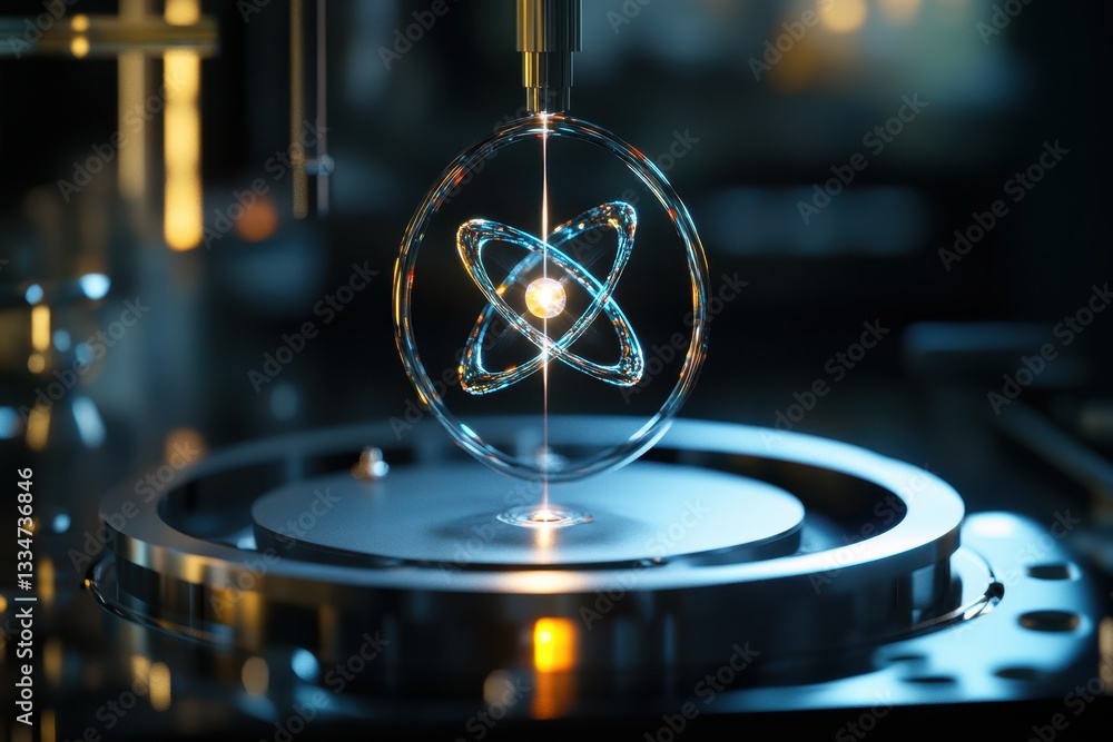 Poster unique display of an atom model suspended in a laboratory setting with advanced equipment