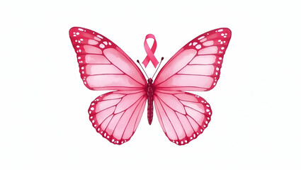 Elegant Watercolor Illustration of Flat Pink Butterfly Wings with Ribbon - Breast Cancer Awareness Symbol Clipart for Creative Projects and Designs